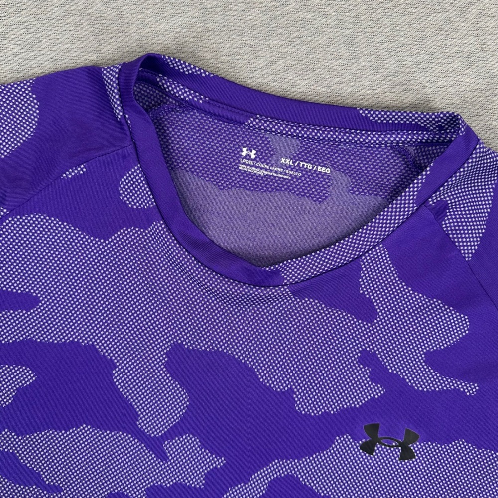 Under Armour Training Shirt Mens XXL Purple Camo Loose Fit Short Slv Activewear